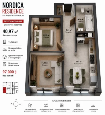 Продам видову квартиру бізнес-класу 41 м2 ЖК Nordica Residen