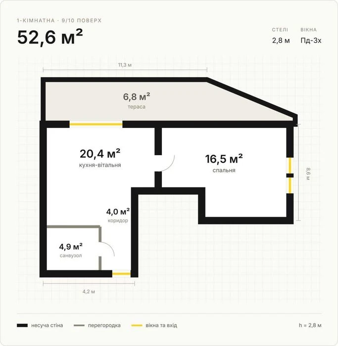 1-комнатная квартира в новостройке, 52.6 м², 1 625$/м², ЖК "Ho"