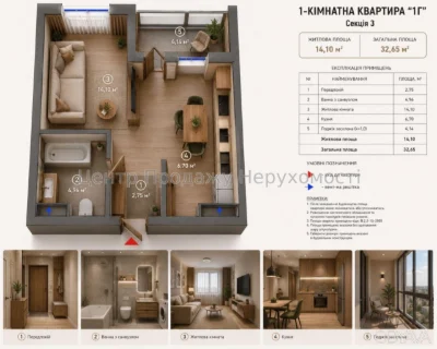 1-bedroom apartment, 32.6 sq m