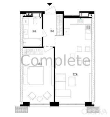 1-bedroom apartment, 50 sq.m.