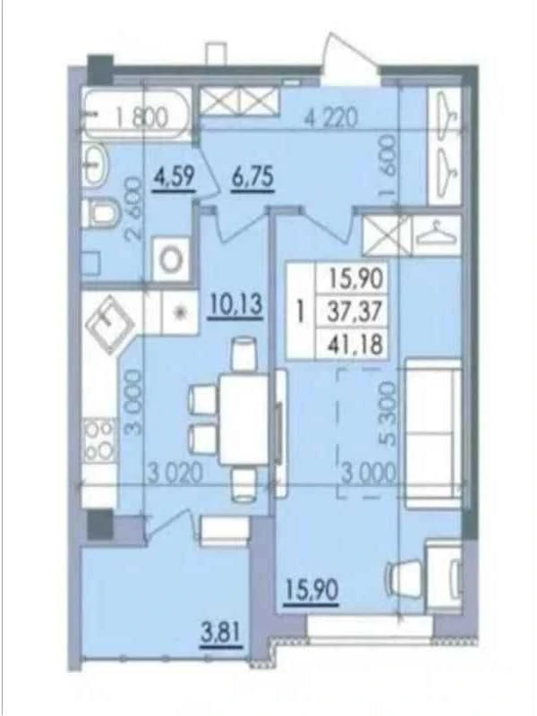 1-room apartment, "Pelustkoy" residential complex, 41 m², completed building, transfer