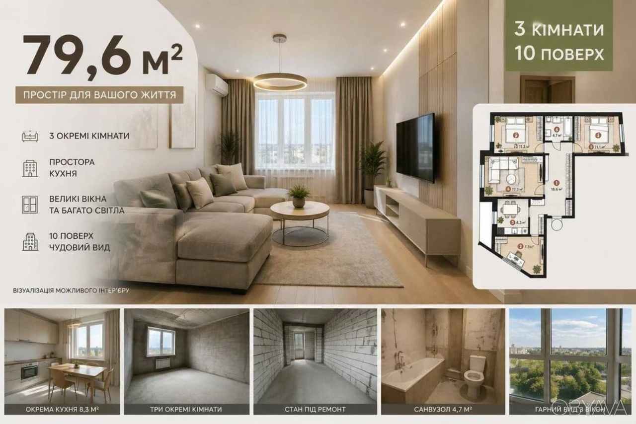 3-комнатная квартира, 79 кв.