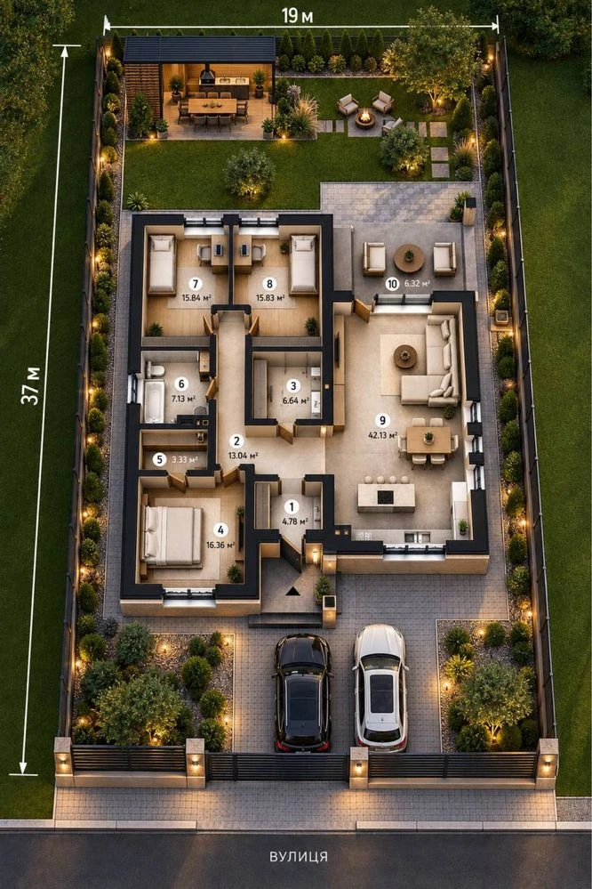 Modern American-style house 120m2, plot of 7 acres, connected