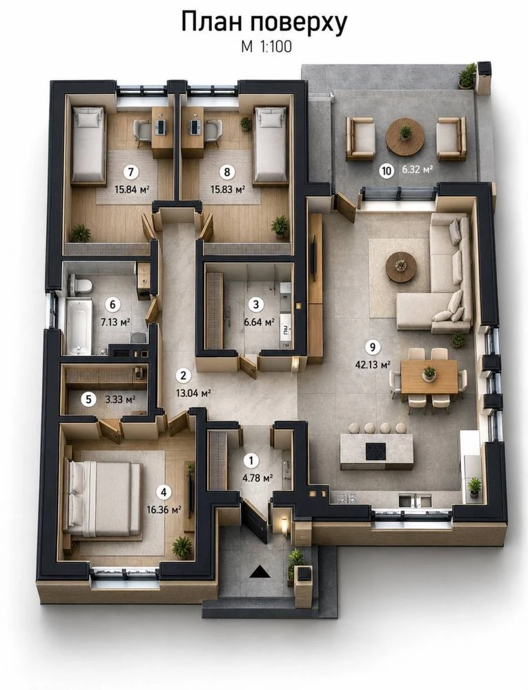 Modern American-style house 120m2, plot of 7 acres, connected