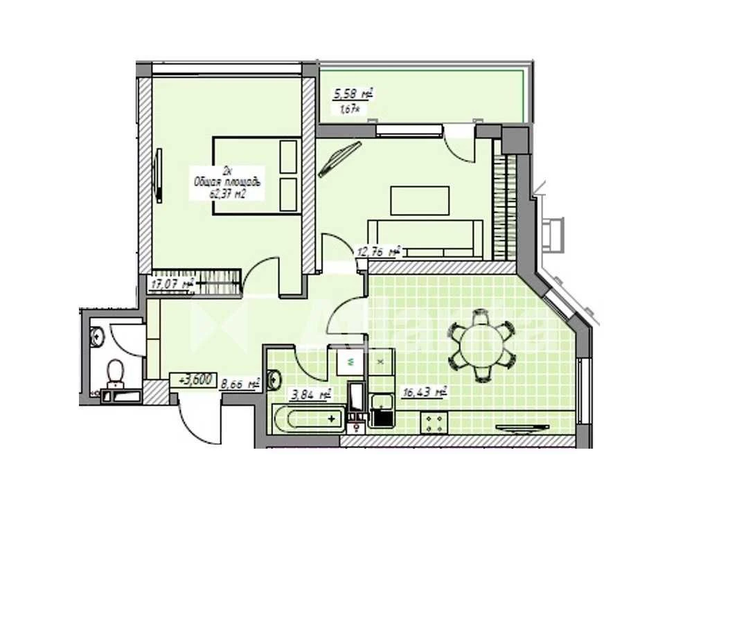 Двухкомнатная квартира 62,3 м², Аркадия, Элегия Парк, море