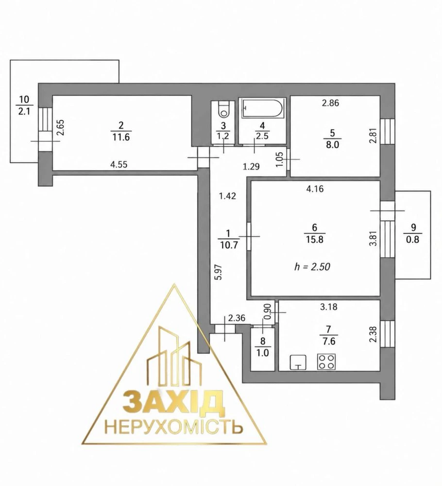 Трикімнатна квартира, 61,3 м², цегляний будинок, зручне розташування