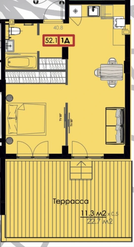 1 room, 40 sq.m. with a terrace of 17 sq.m. 37200. Primorskye Sady