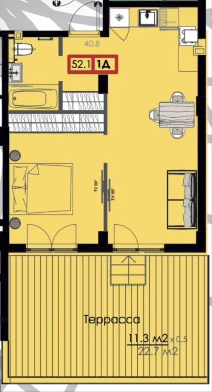 1 room, 40 sq.m. with a terrace of 17 sq.m. 37200. Primorskye Sady