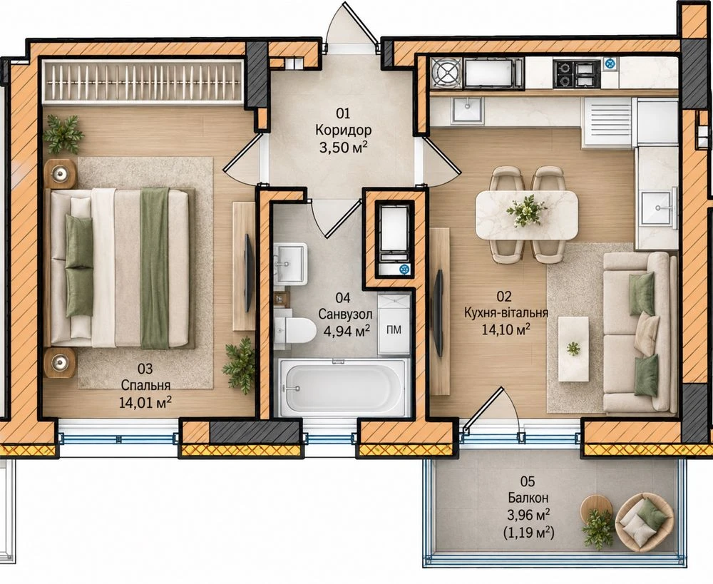 Great deal! One-room apartment with a view of the mountains, 6th floor.