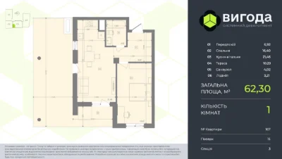 Продається пентхаус 62,30 м² з терасою 10,29 м² та видом на