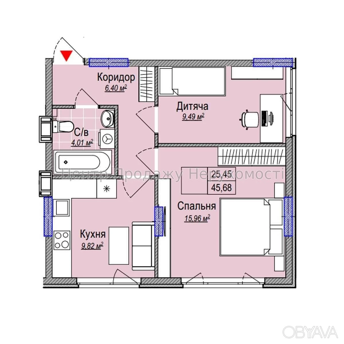 2-bedroom apartment, 45.7 sq m
