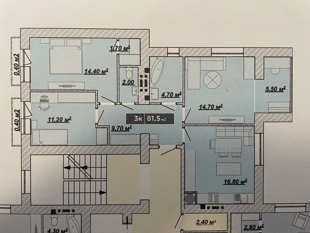 3-кімнатна квартира 81.5 м² з 2 санвузлами, лоджією та гарде