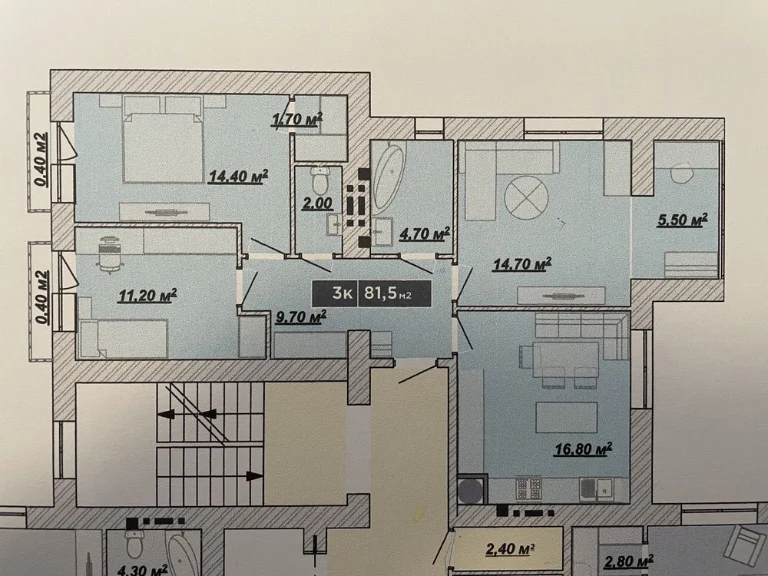 3-кімнатна квартира 81.5 м² з 2 санвузлами, лоджією та гарде