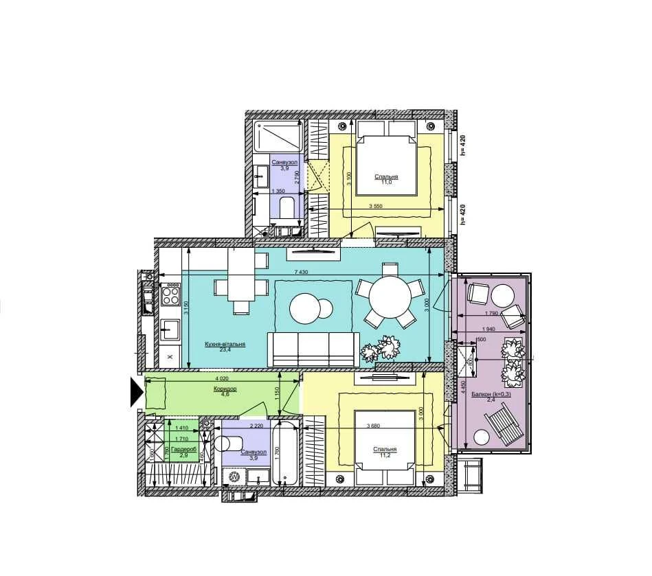 Продаж 2к квартири 63,3 м² з великим відкритим балконом у Фа