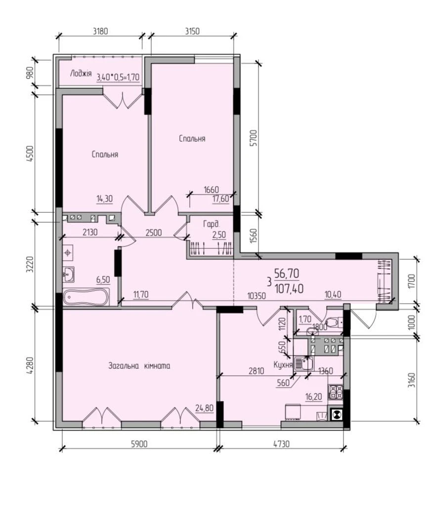 3-bedroom apartment in a business class residential complex