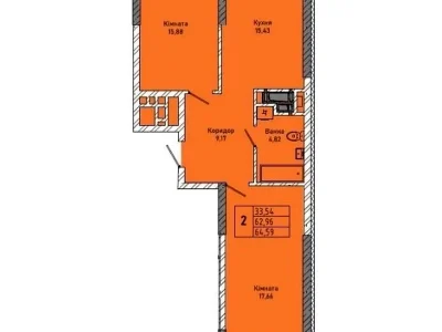 2-room apartment for sale, 65 sq m, 9th floor.