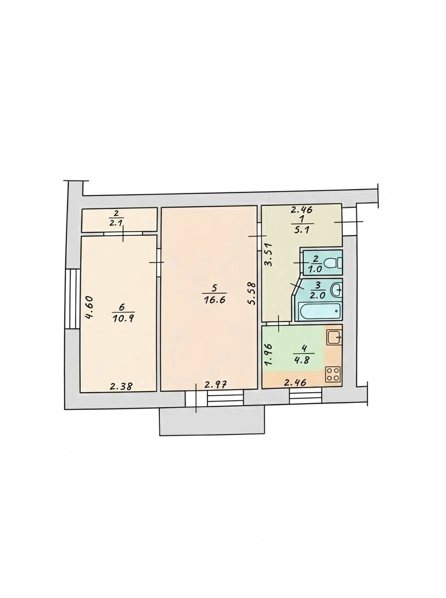Selling a 2-bedroom apartment in the city center, 4th floor of 5