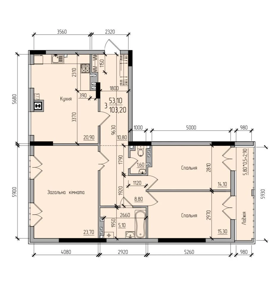 Three-bedroom apartment in a modern residential complex