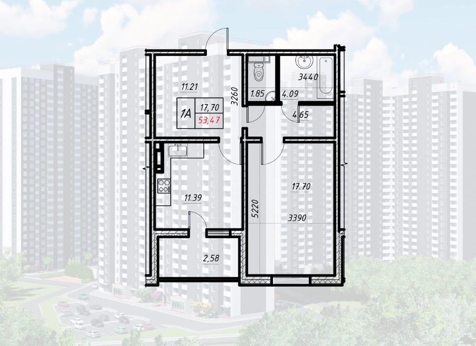 Продаж великої однокімнатної квартири 54 м², в заселеному будинку