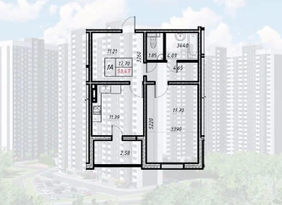 Продаж великої однокімнатної квартири 54 м², в заселеному будинку