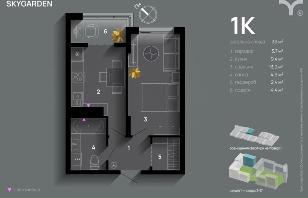 1 км квартира, ЖК Skygarden, готова до ремонту