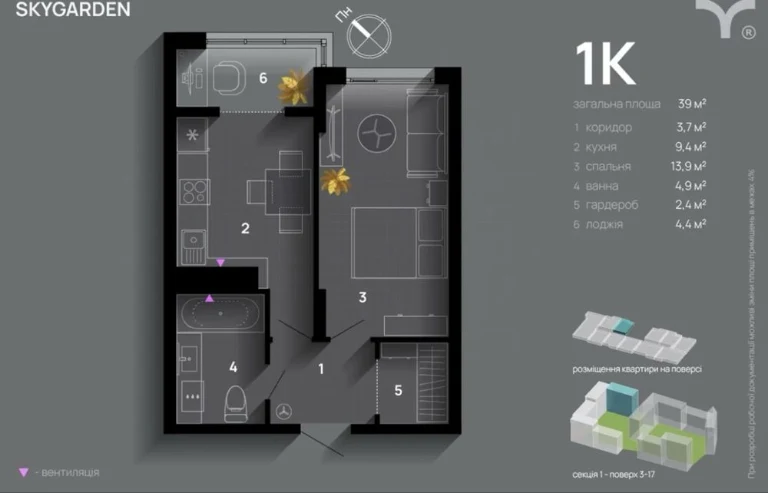 1 км квартира, ЖК Skygarden, готова до ремонту