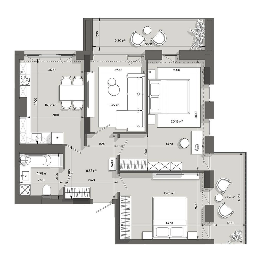 Sale of a 3-room apartment with a living room and two terraces in the Le residential complex