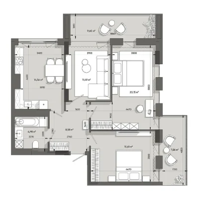 Sale of a 3-room apartment with a living room and two terraces in the Le residential complex