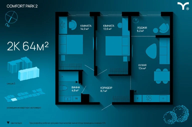 Sale of a 2-bedroom apartment in a cozy residential complex from the developer!