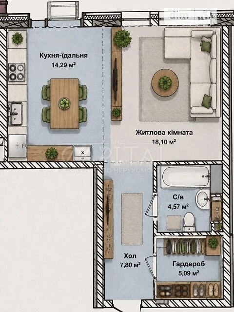 Sale of 1-room apartment 50 sq. m on Andriy Verkhoglyada St. 1-20A