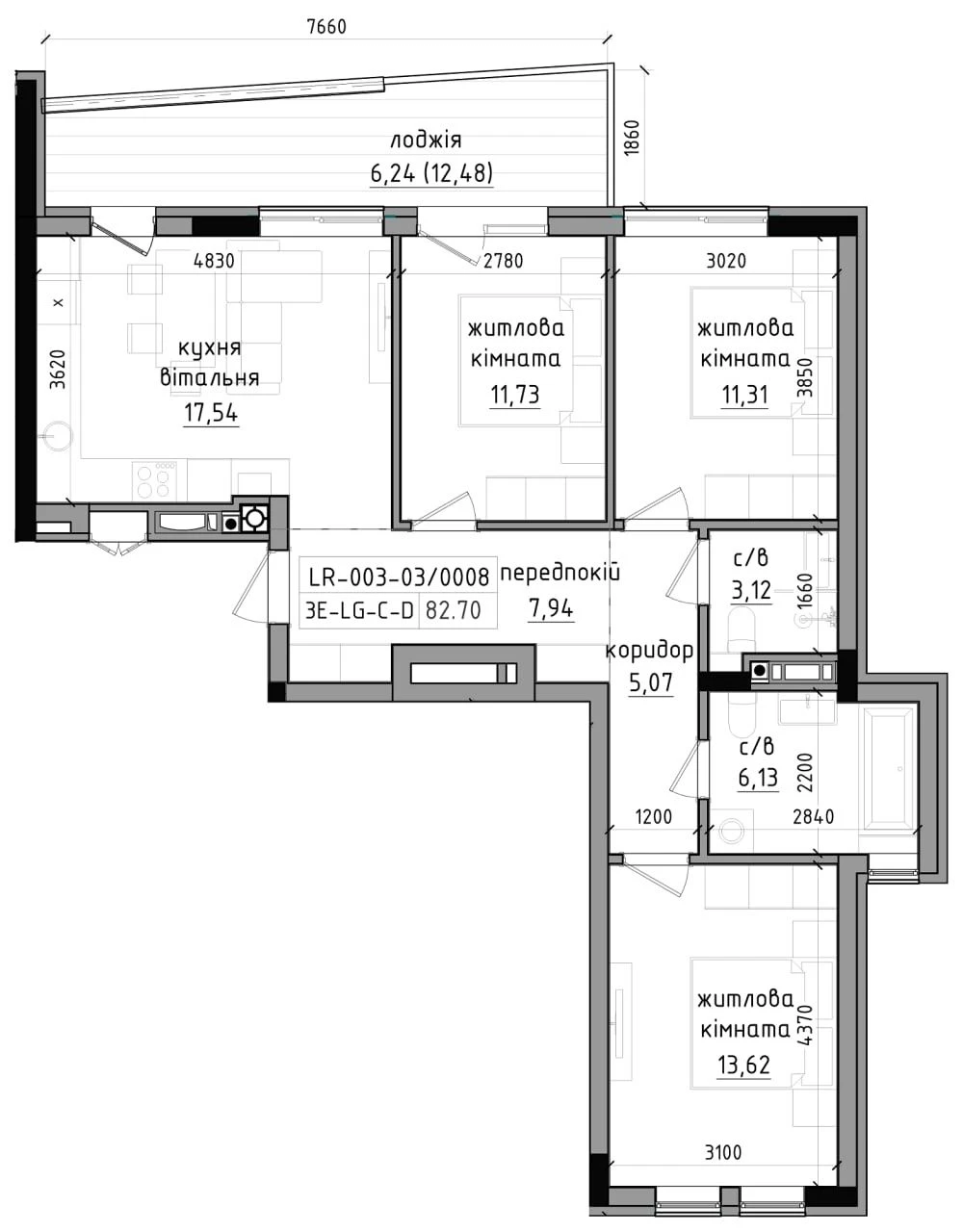 Three-room apartment with European layout