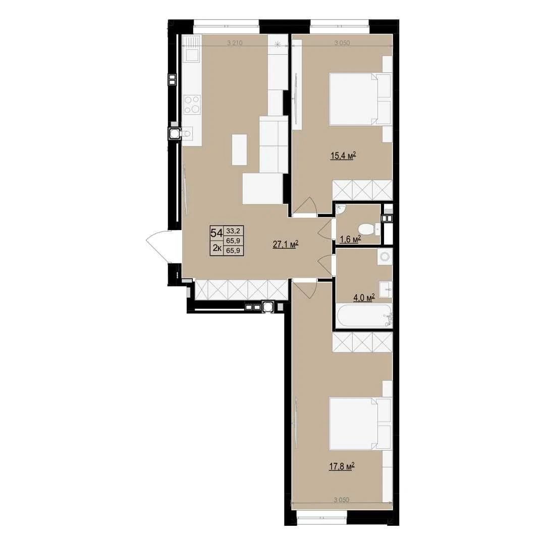 2-комнатная квартира (65,9 м2) в новом ЖК клубного формата