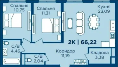 2-room apartment with studio kitchen in a premium residential complex