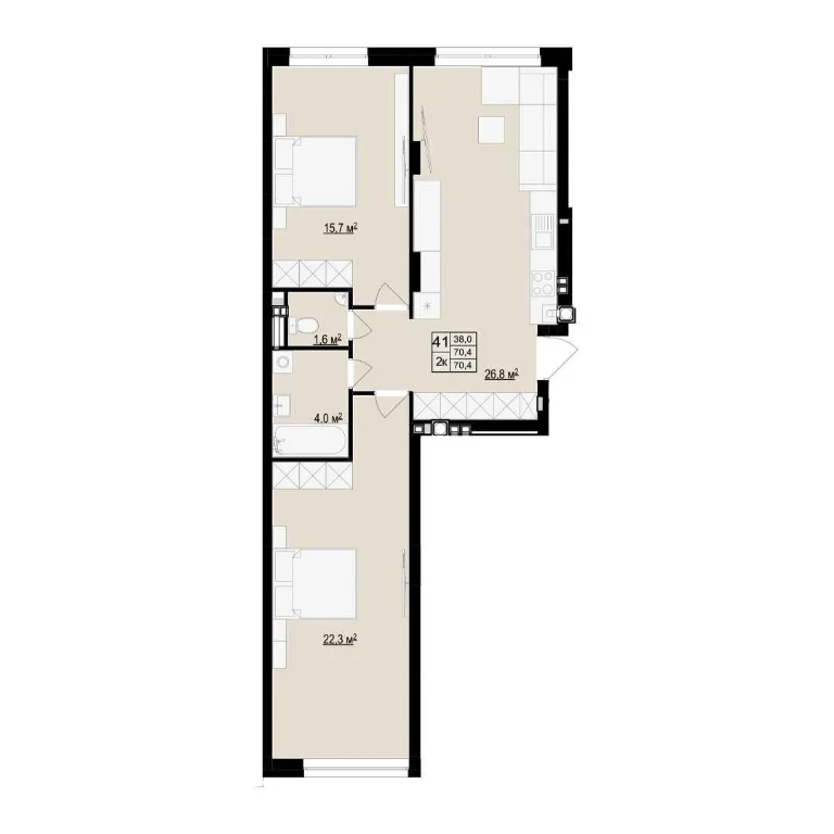 70 m². Two-room apartment in a complex with its own infrastructure and backup