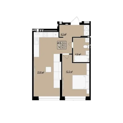 1-комнатная квартира (45 м2). ЖК «Щасливий Club». Рядом лес