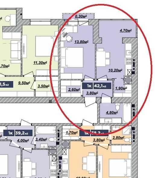 1 аппартамент, 41.5 кв.м. на 4 этаже, 34 секция в ЖК Княгинин.
