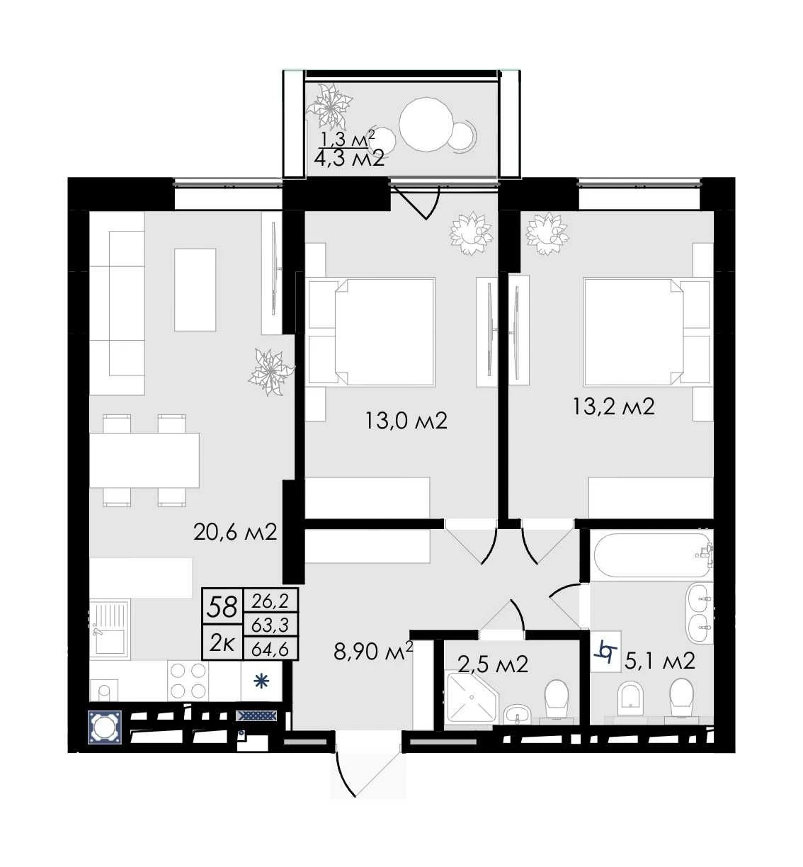 2-комнатная квартира 64,6 м² на 5 этаже | ЖК Простір (Prostir)