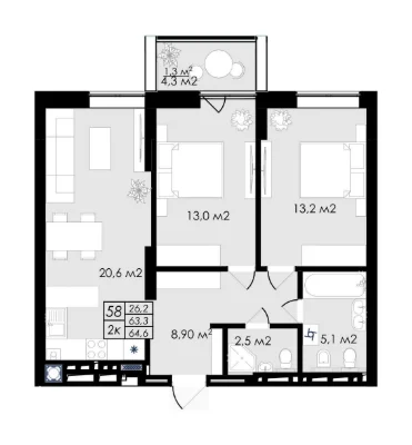 2-комнатная квартира 64,6 м² на 5 этаже | ЖК Простір (Prostir)
