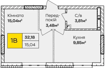 Однокімнатна квартира 32 м² у зданому будинку під єОселю, По