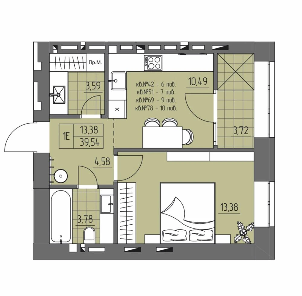 One-bedroom apartment with a studio kitchen and walk-in closet | New construction