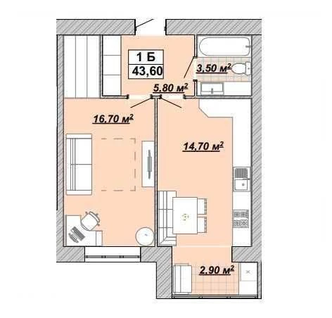 Sale of 1-room apartment 43.6 sq.m. in the center