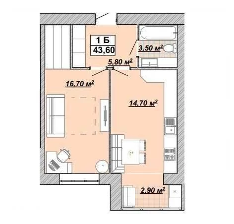 Sale of 1-room apartment 43.6 sq.m. in the center