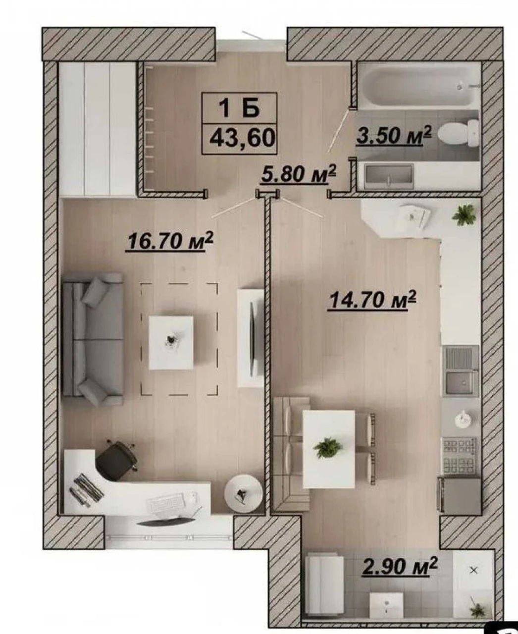Sale of 1-room apartment 43.6 sq.m. in the center