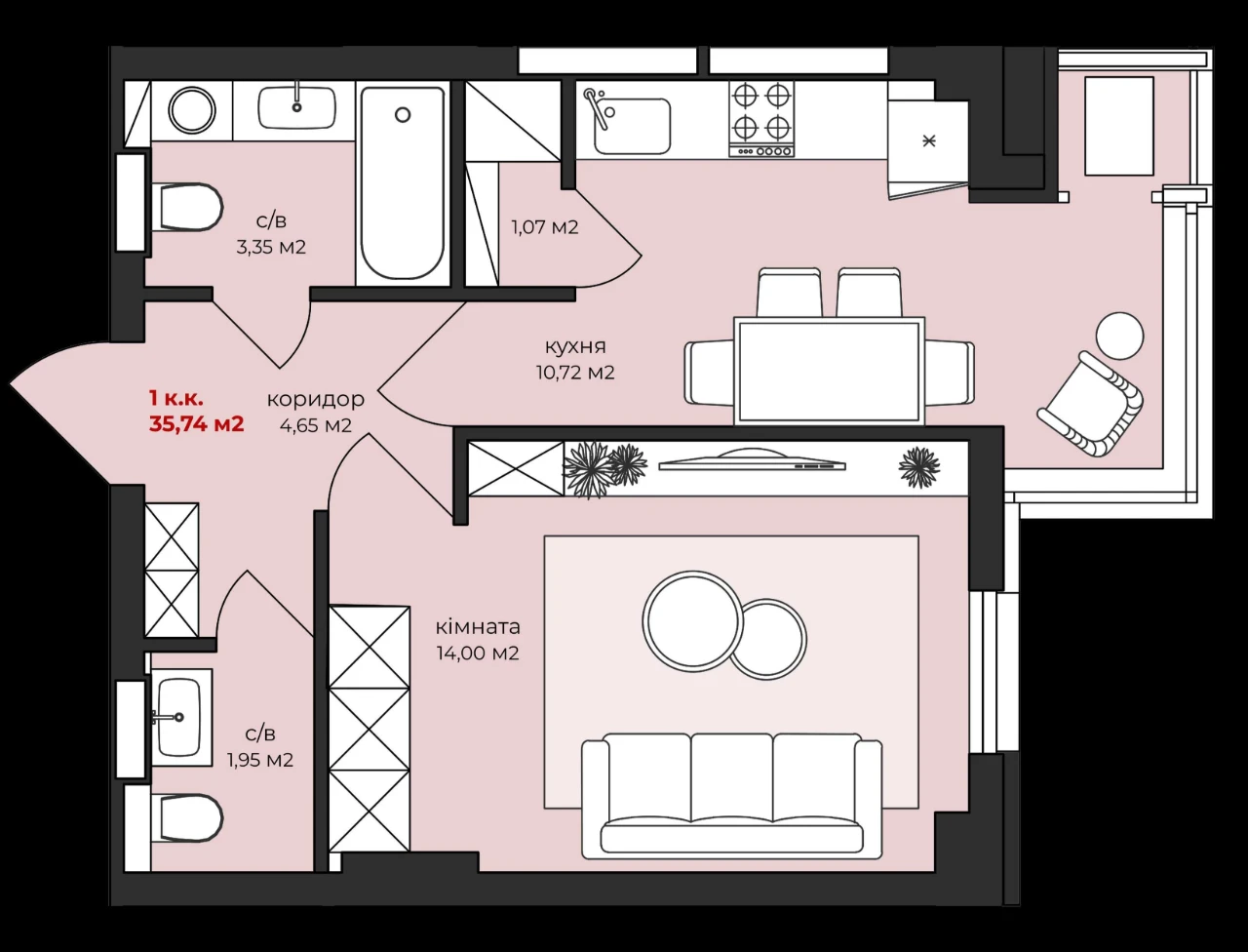 1-bedroom apartment 35.74 m² in the HEART | ЖК «Dom na Hrushvsky»