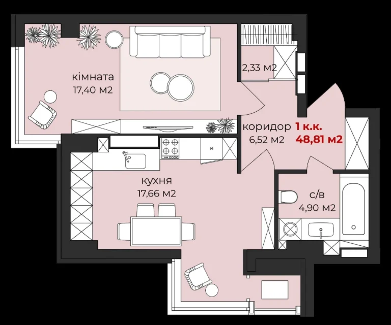 1-bedroom apartment 48.81 m² in a new building in the center of Zhytomyr