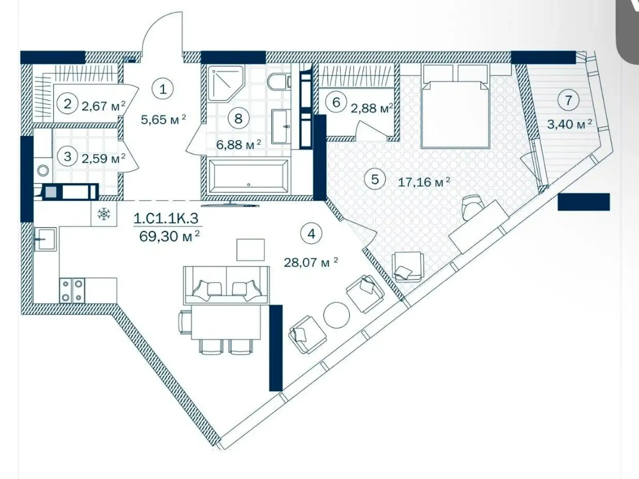 Продаж однокімнатної квартири 69,3 м² на 2 поверсі