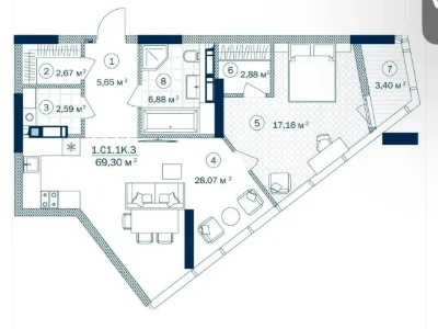 Продаж однокімнатної квартири 69,3 м² на 2 поверсі