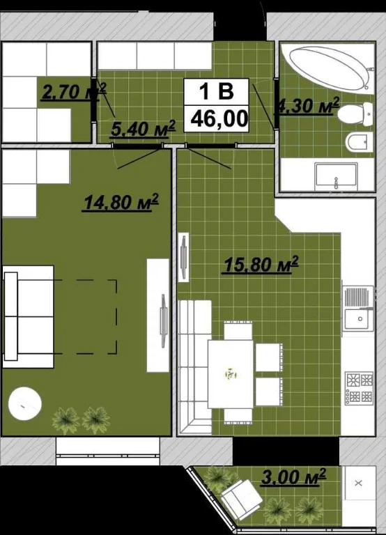 1-bedroom apartment, 48 sq m, Княгинин residential complex
