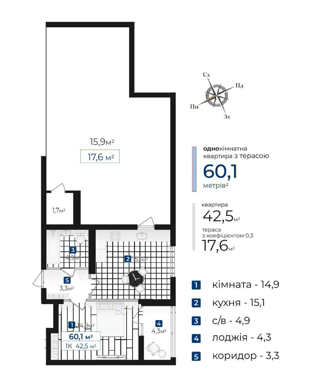 Пентхаус квартира 43м + терраса 53м в доме бизнес-класса
