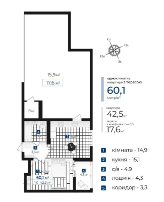 Пентхаус квартира 43м + терраса 53м в доме бизнес-класса